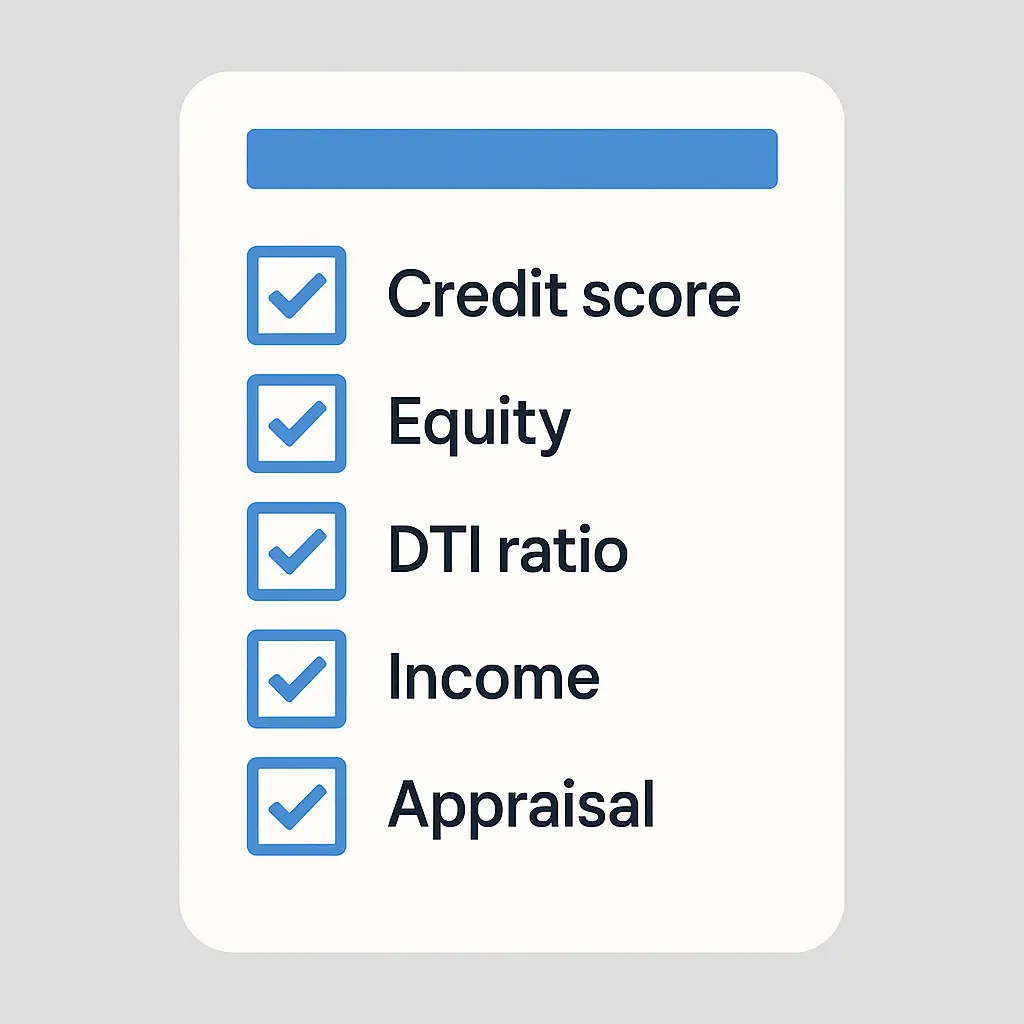 Checklist of lender qualifications for a HELOC including credit score, income, and home equity.