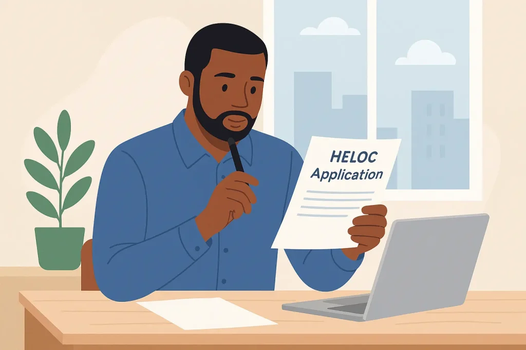 Checklist graphic showing credit score, home equity, debt-to-income ratio, income stability, and property type for HELOC qualification.