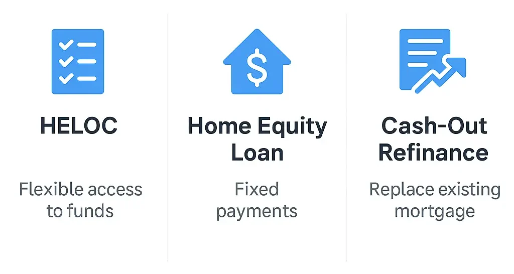 Comparison chart showing HELOC, home equity loan, and cash-out refinance differences.