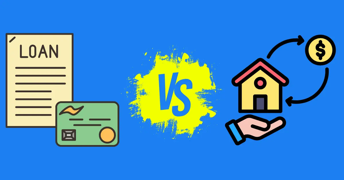 Illustration comparing a home equity loan and refinance with a loan document and credit card on one side and a house with a dollar sign on the other, separated by a bold VS symbol.