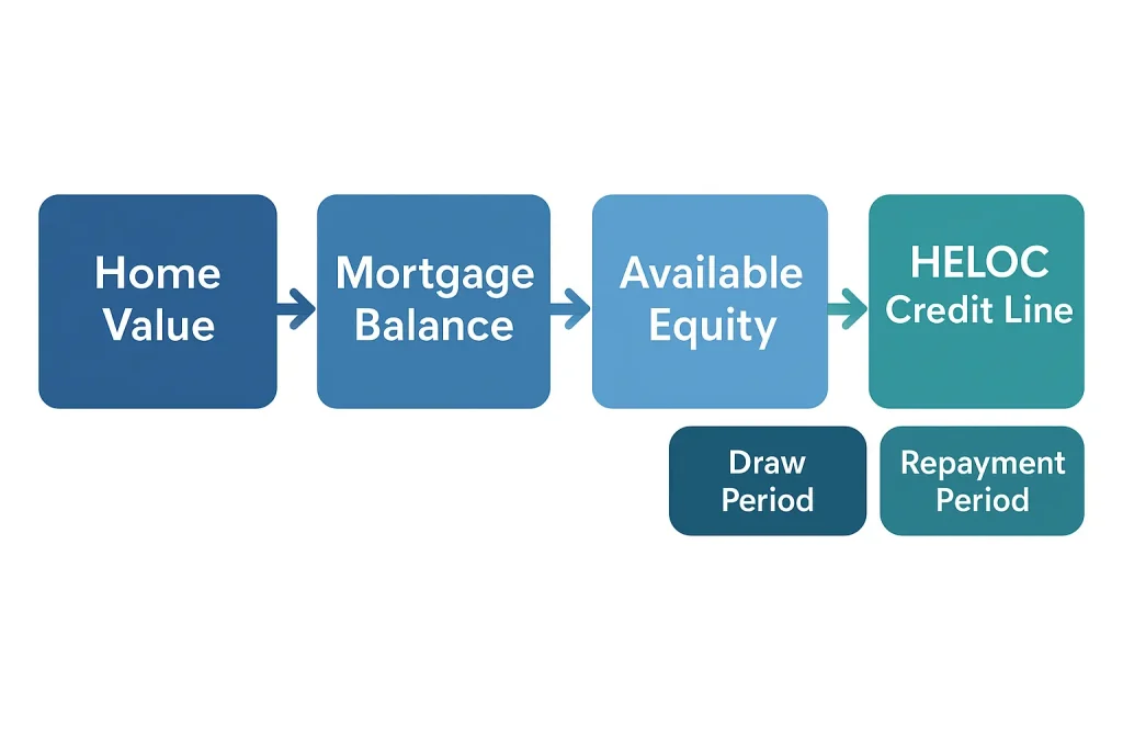 Diagram showing how home value minus mortgage balance equals available equity for a HELOC.
