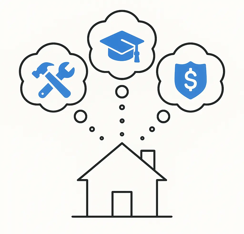 Illustration of home with icons representing renovations, education, and debt payoff goals