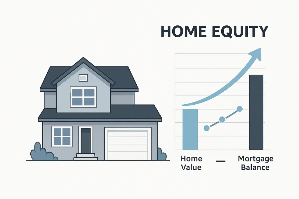 Illustration of home value minus mortgage balance showing how equity builds automatically through payments and appreciation.