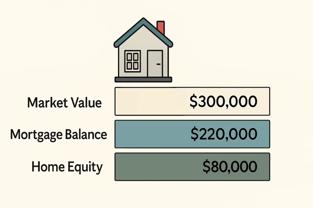 Home equity breakdown showing home value minus mortgage balance