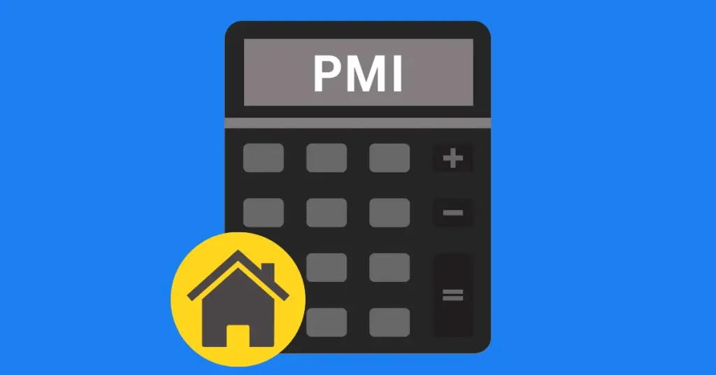 Mortgage insurance calculator illustration showing a house icon and a digital calculator used to estimate PMI and FHA MIP costs.