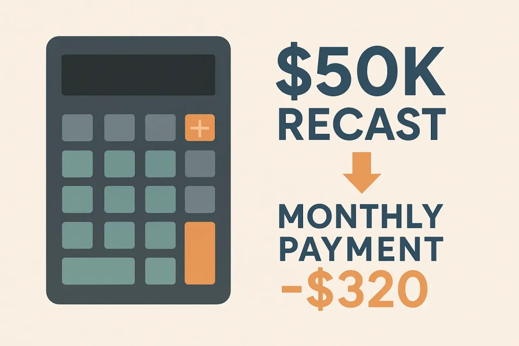 Example showing how a $50,000 mortgage recast reduces monthly payments by $320.