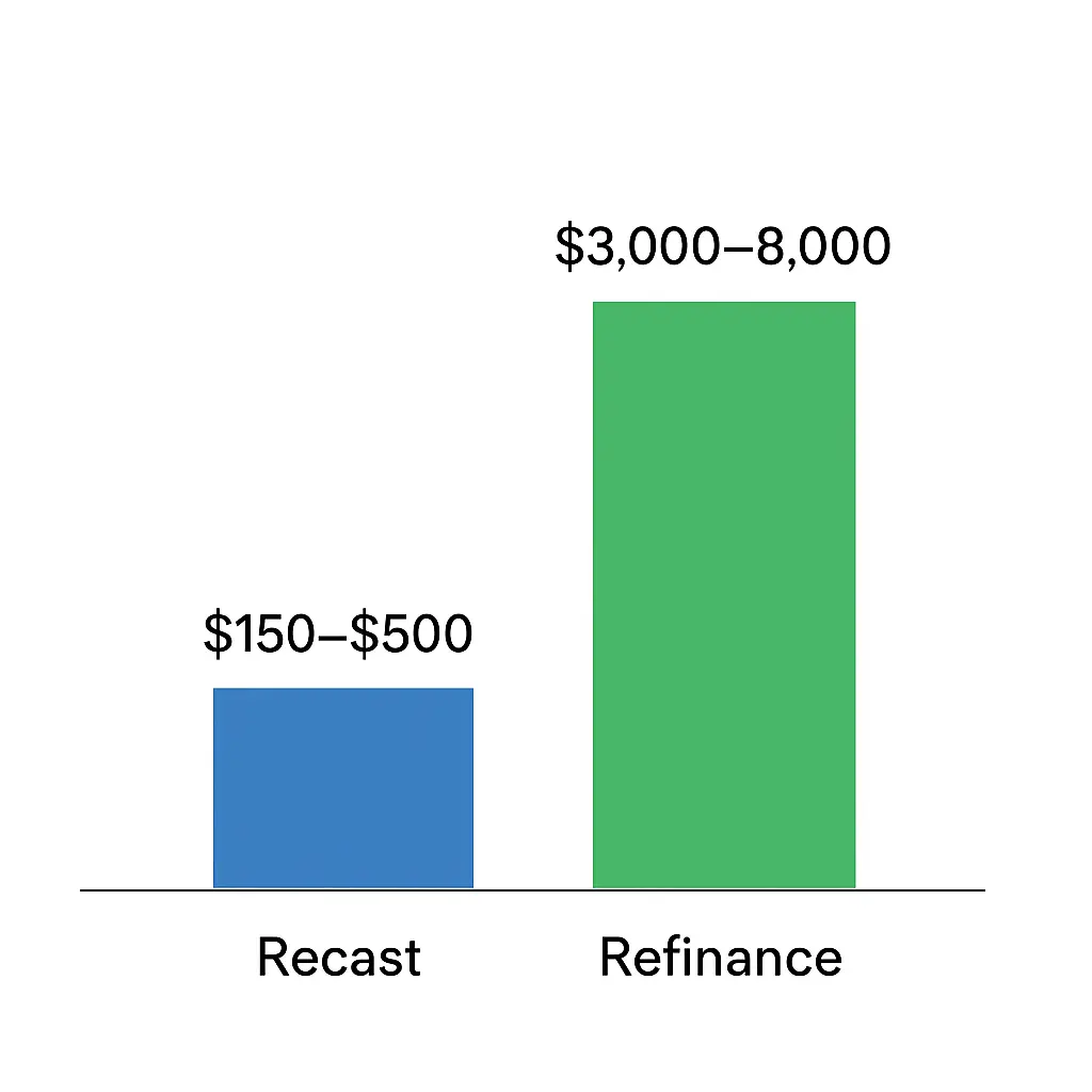 Bar chart showing the lower cost of a mortgage recast compared to a refinance.