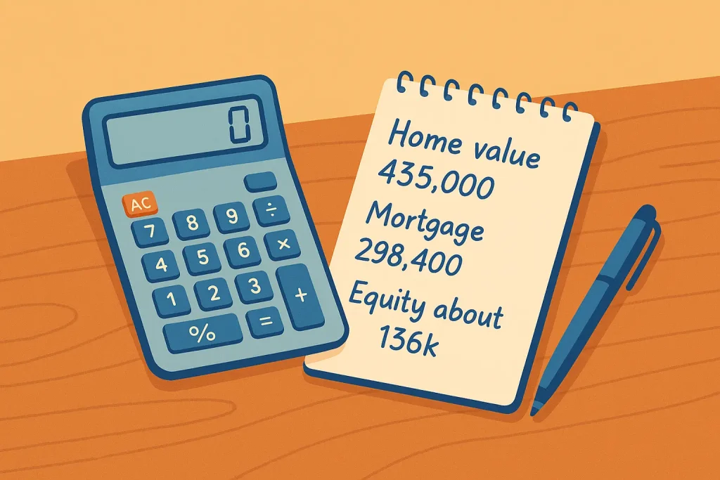 Modern calculator on a clean desk with a notepad and pen, representing running home equity numbers and estimating borrowing power.