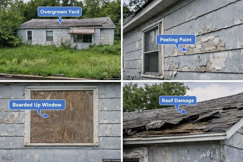Digital distress signals used in virtual driving for dollars including overgrown yards and boarded windows