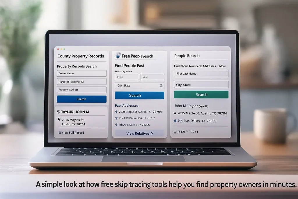 Free skip tracing tools shown on a computer screen with property records and people searches.