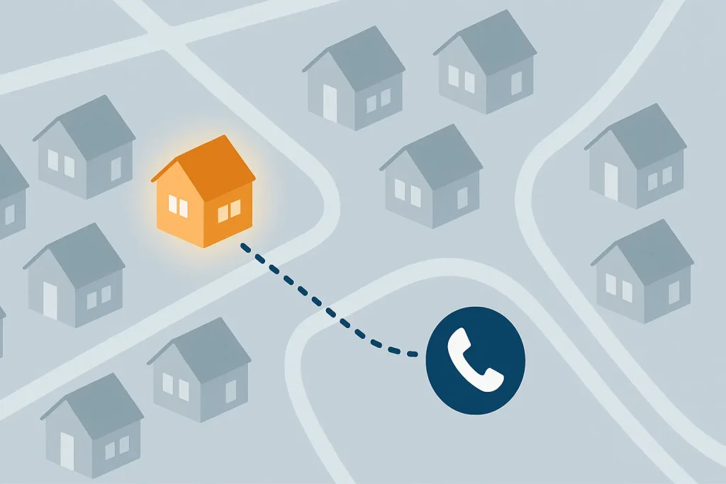 Illustration showing what skip tracing is in real estate by highlighting a targeted property on a map and connecting it to owner contact information