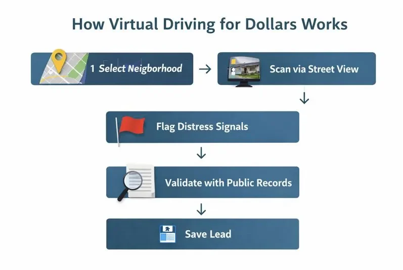 Step by step process showing how virtual driving for dollars works from property search to lead creation