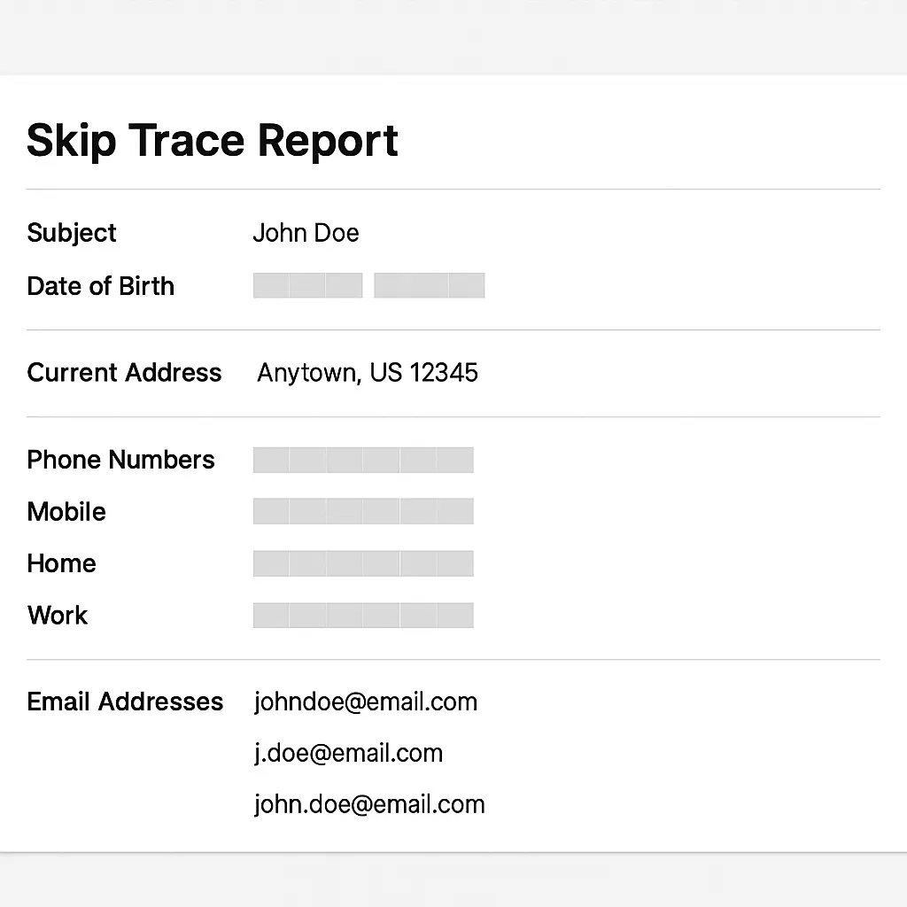 Example of what skip tracing in real estate returns including phone numbers and emails