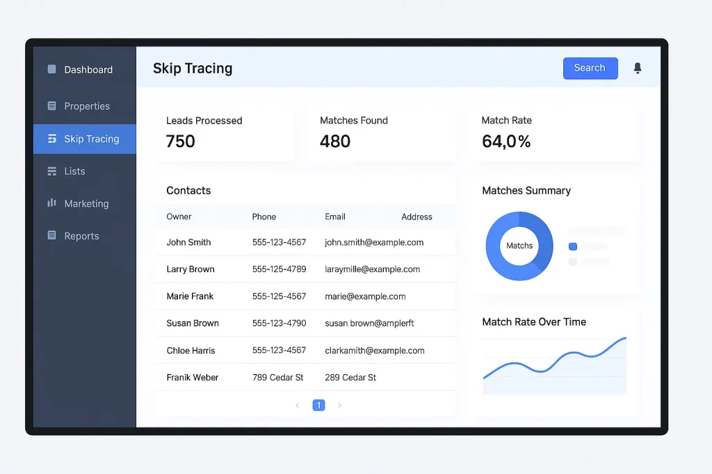 Screenshot of skip tracing software showing how real estate investors pull contact data