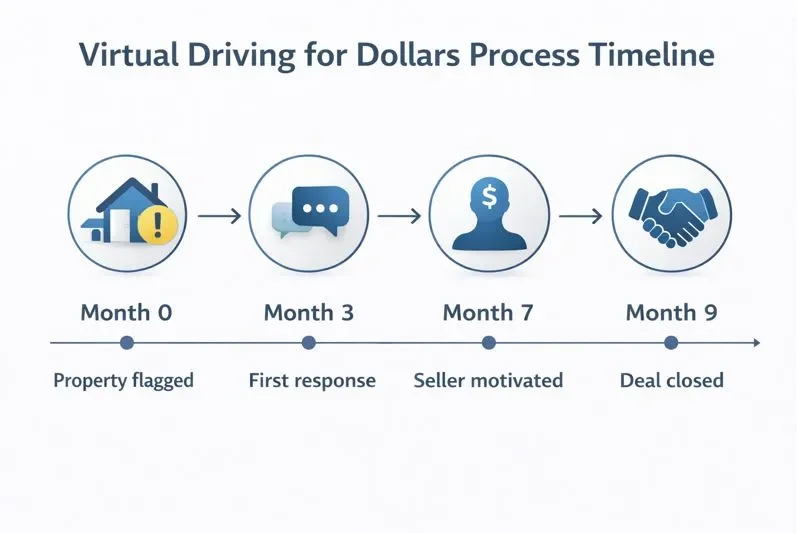 Example timeline showing how long virtual driving for dollars deals take to close