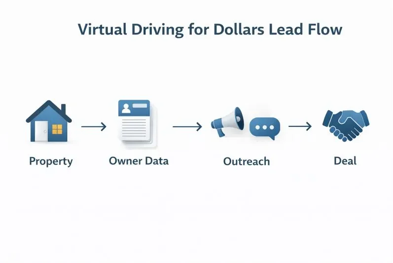 Lead flow showing how virtual driving for dollars turns properties into real estate deals