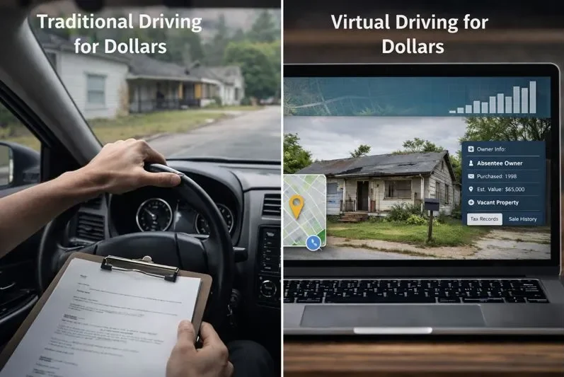 Virtual driving for dollars compared to traditional driving for dollars using online tools instead of driving neighborhoods