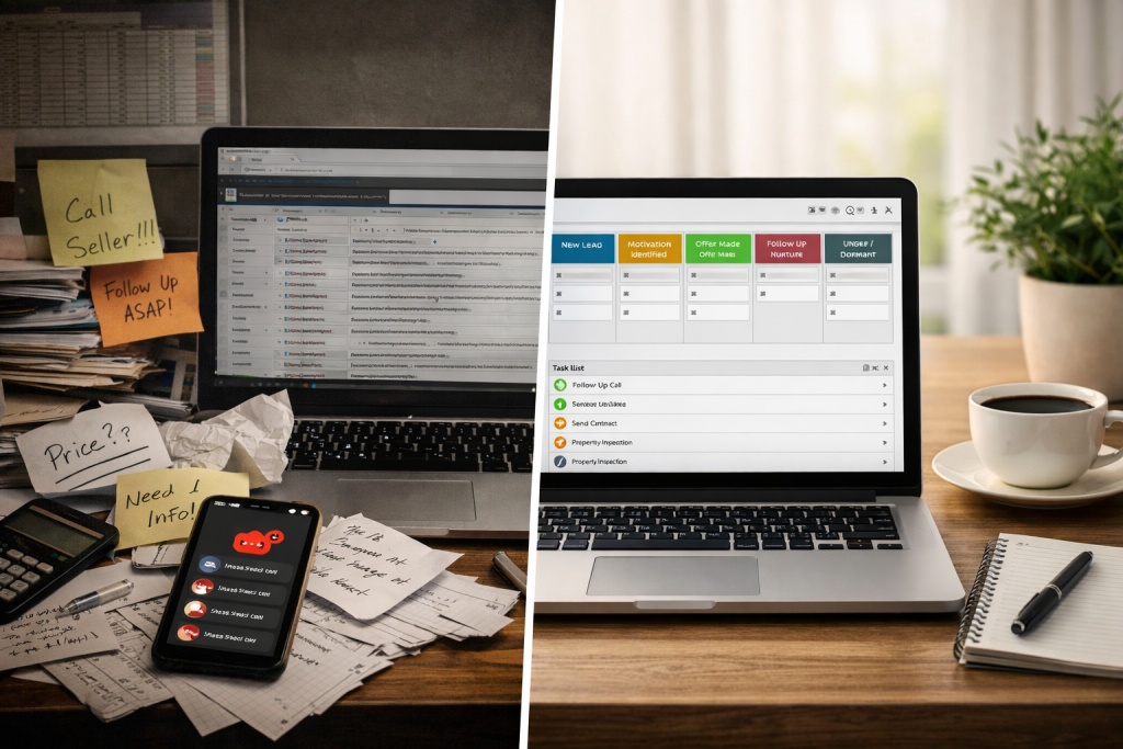 crm for real estate investors showing chaotic lead tracking versus a structured off-market deal pipeline