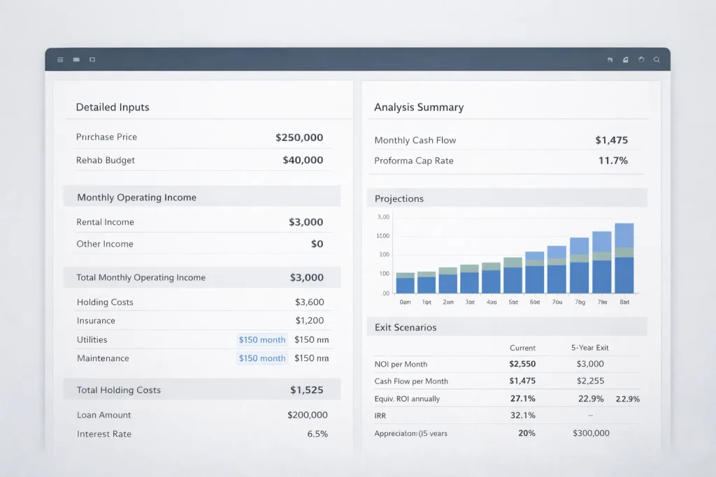 Real estate investing software used for deal analysis, cash flow modeling, and scenario testing