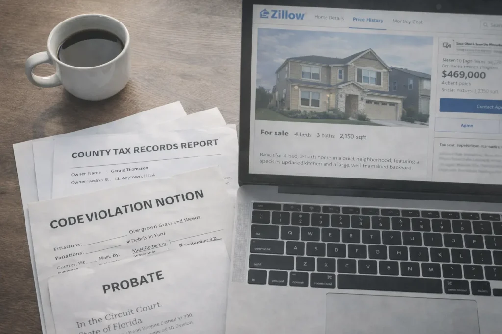 Documents showing probate, code violations, and tax records that Zillow does not display for distressed properties