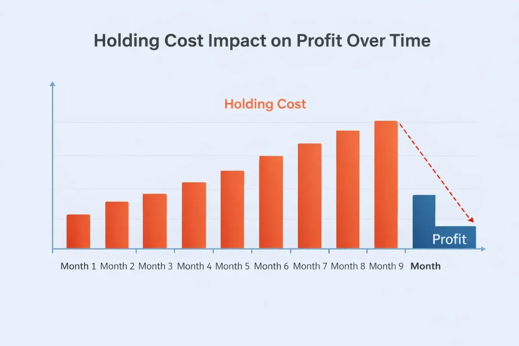 Timeline graphic explaining how to calculate holding cost as monthly delays reduce real estate deal profit