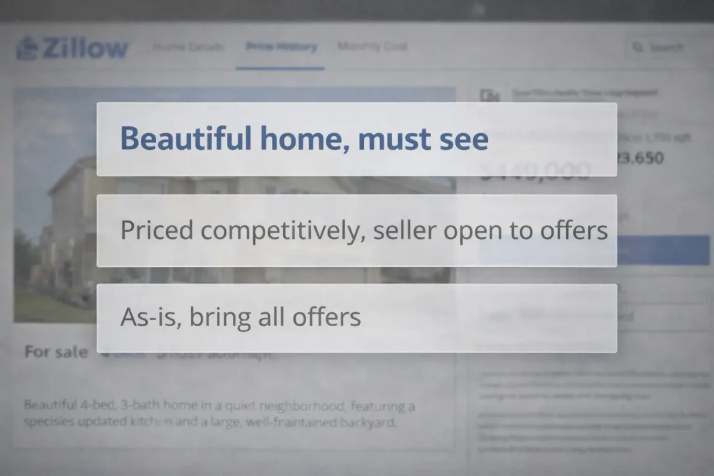 Example of Zillow listing language changing as seller motivation increases over time