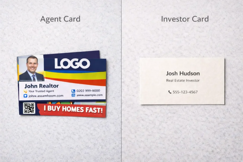 Agent business card compared to real estate investor business card design differences