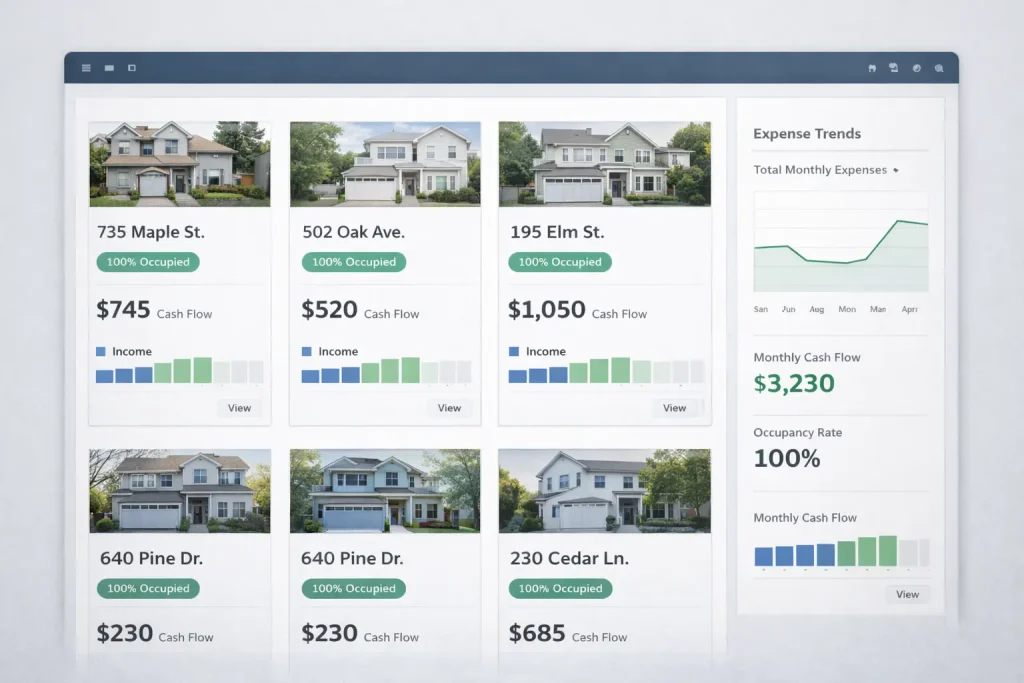 Real estate investing software dashboards for portfolio cash flow and expense tracking