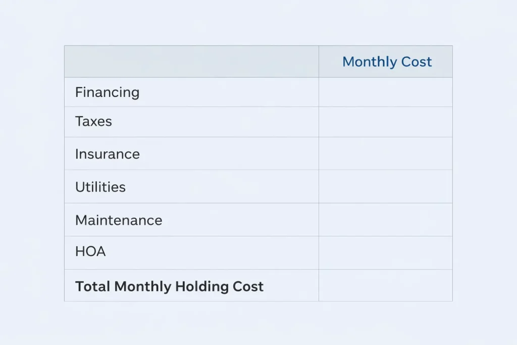 Monthly holding cost table showing how to calculate holding cost using financing taxes insurance and utilities