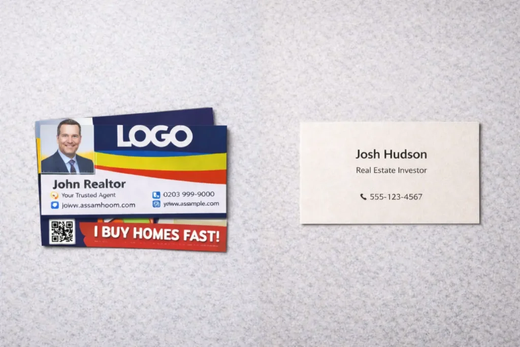 Overdesigned business card versus simple real estate investor business card