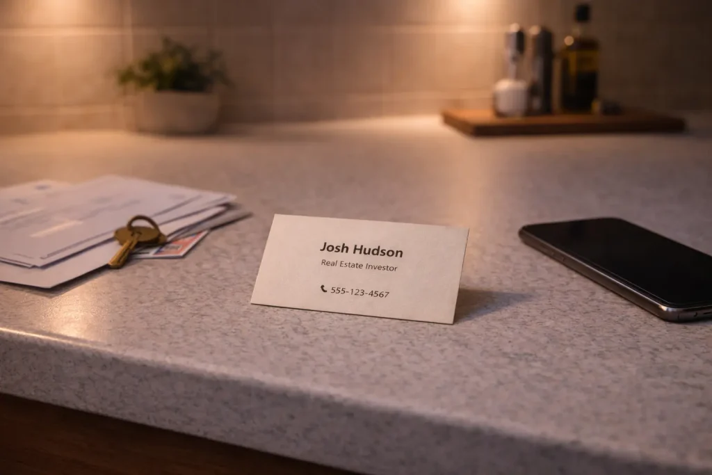 Real estate investor business card sitting on a counter waiting for a seller callback