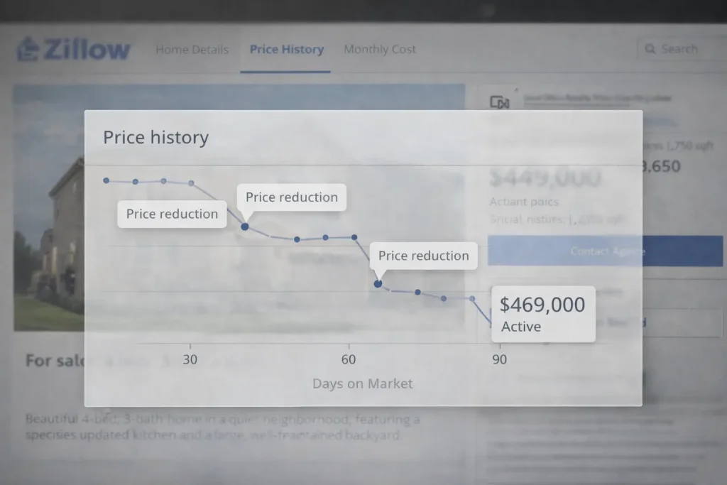 Zillow price history showing multiple reductions and long days on market that signal distressed properties
