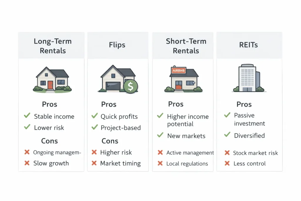 Main real estate investing strategies for dummies compared