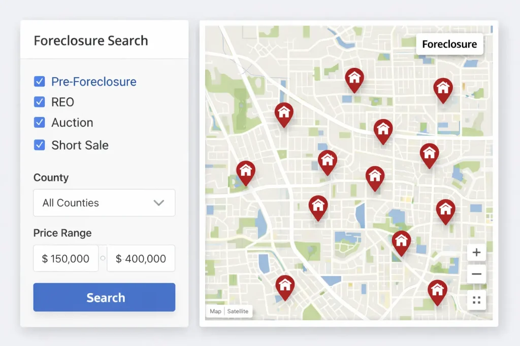 Search filters on the best foreclosure website showing pre foreclosure and REO listings