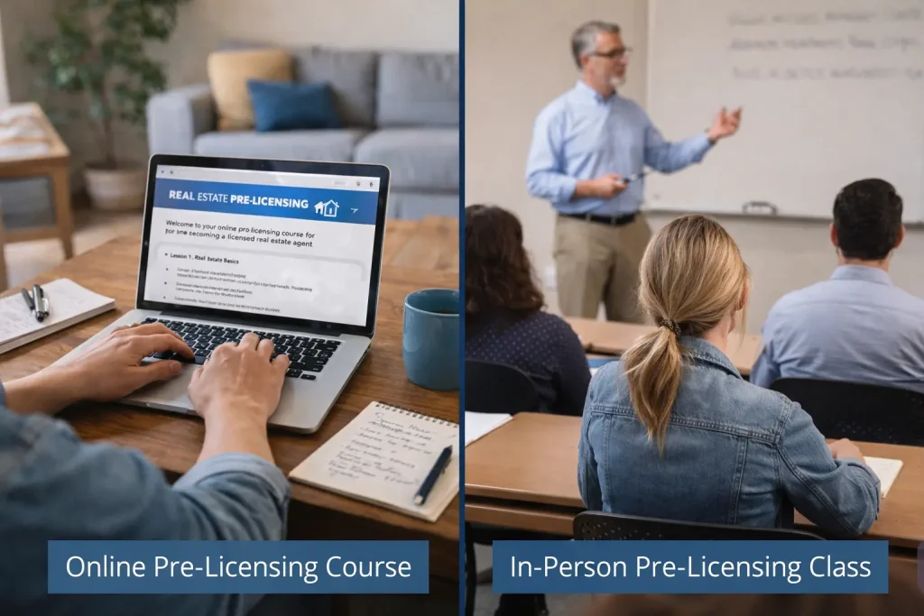 Pre licensing education options affecting real estate license cost online versus in person