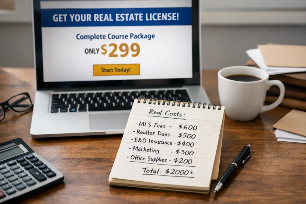 Real estate license cost breakdown showing advertised course price versus hidden first year expenses