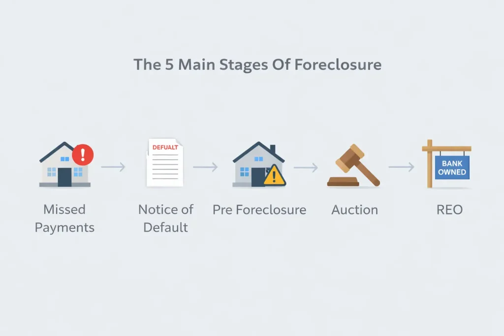 what is foreclosure timeline showing stages from missed payments to REO