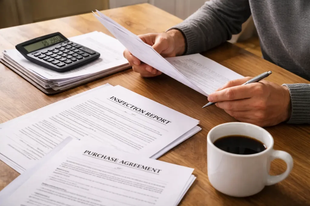 Buyer reviewing paperwork while weighing pros and cons of buying a foreclosed home