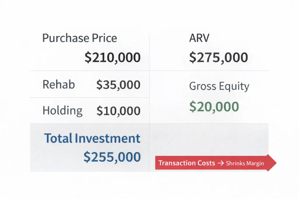 Example breakdown showing purchase price rehab costs and ARV in pros and cons of buying a foreclosed home analysis
