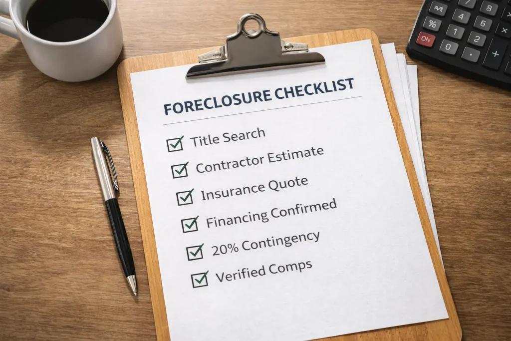 Foreclosure buying checklist used when evaluating pros and cons of buying a foreclosed home