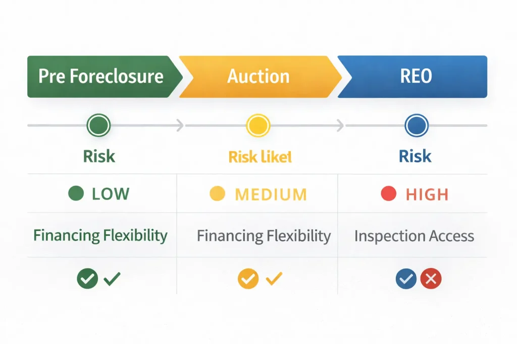 Foreclosure timeline showing pre foreclosure auction and REO stages in pros and cons of buying a foreclosed home
