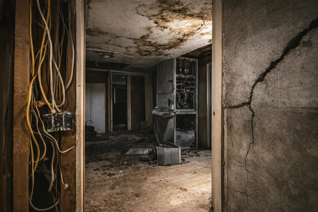 Common hidden repair issues when evaluating pros and cons of buying a foreclosed home including roof HVAC mold and foundation damage